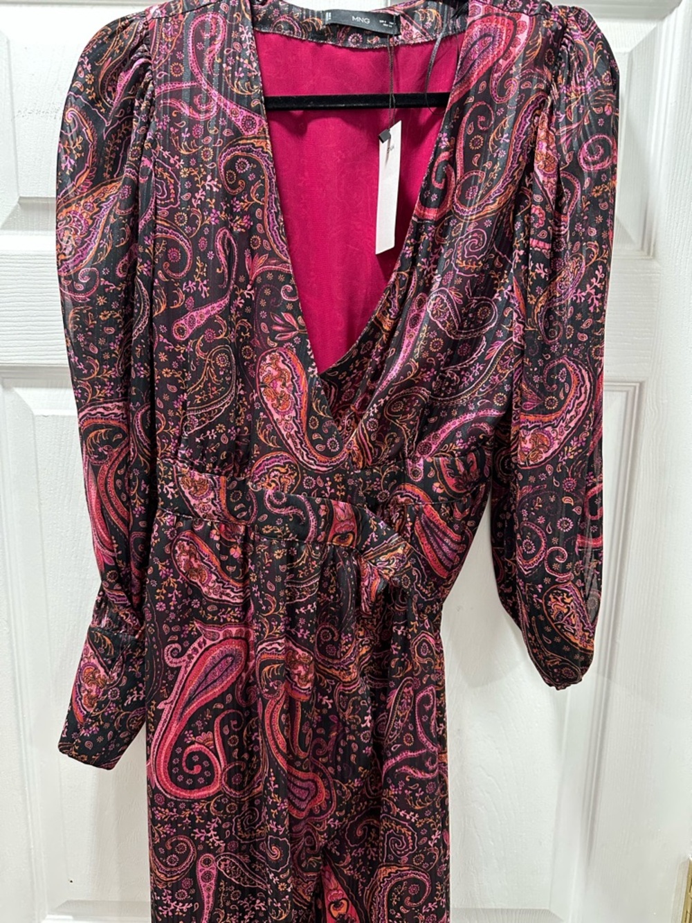 Mango Long-Sleeve Paisley Wrap Dress in Pink and Black